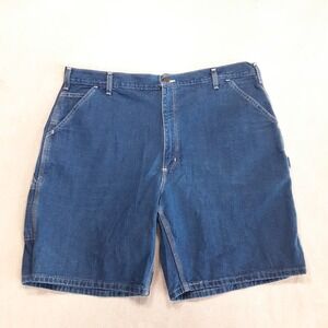 Vintage Carhartt B28-DST Denim Carpenter Shorts 42 Blue 9" Inseam Leather Logo